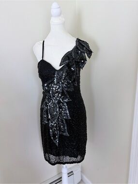 Vintage y2k black silk beaded sequin midi formal evening dress gown
